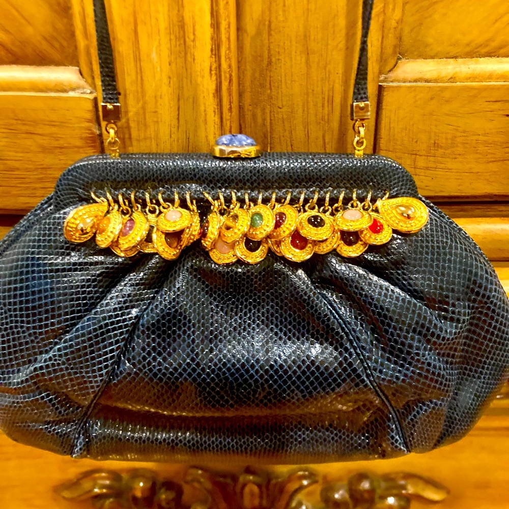 Judith Leiber Vintage Blue Karung  Jeweled Clutch